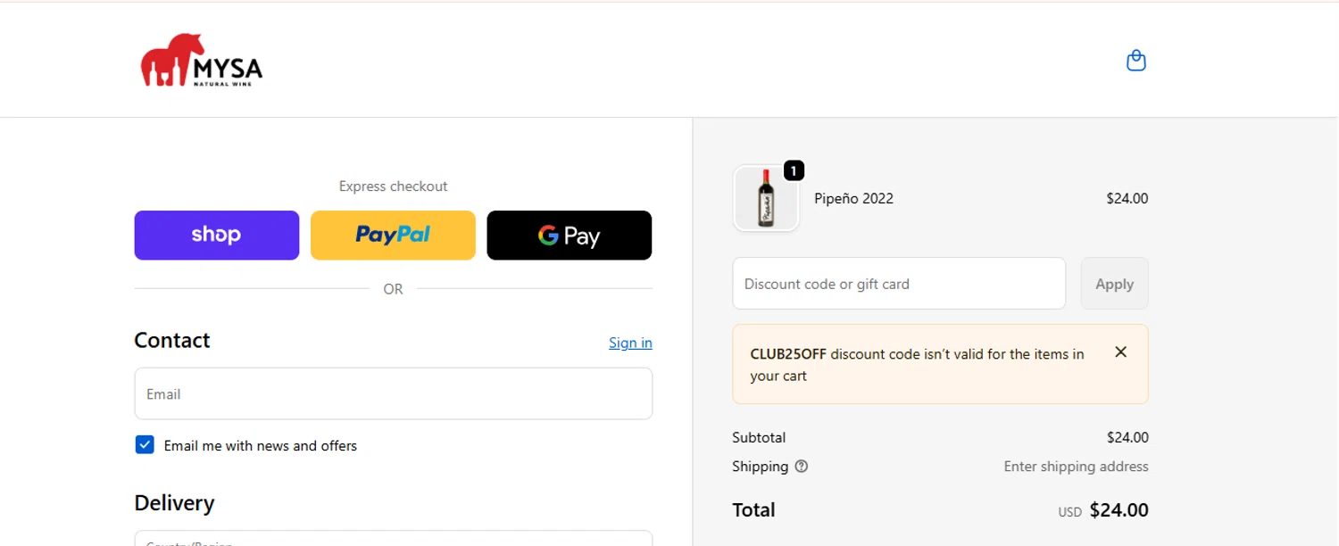 MYSA Natural Wine promo code screenshot showing code CLUB25OFF applied at MYSA Natural Wine checkout page. Uploaded by SimplyCodes community member TreasureScout5082 on Dec 30, 2025