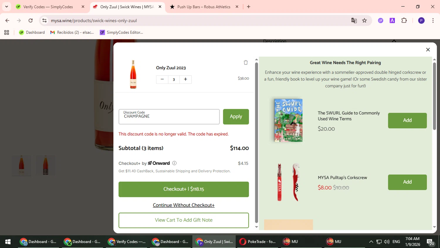 MYSA Natural Wine promo code screenshot showing code CHAMPAGNE applied at MYSA Natural Wine checkout page. Uploaded by SimplyCodes community member TrevorPhilips on Jan 9, 2026