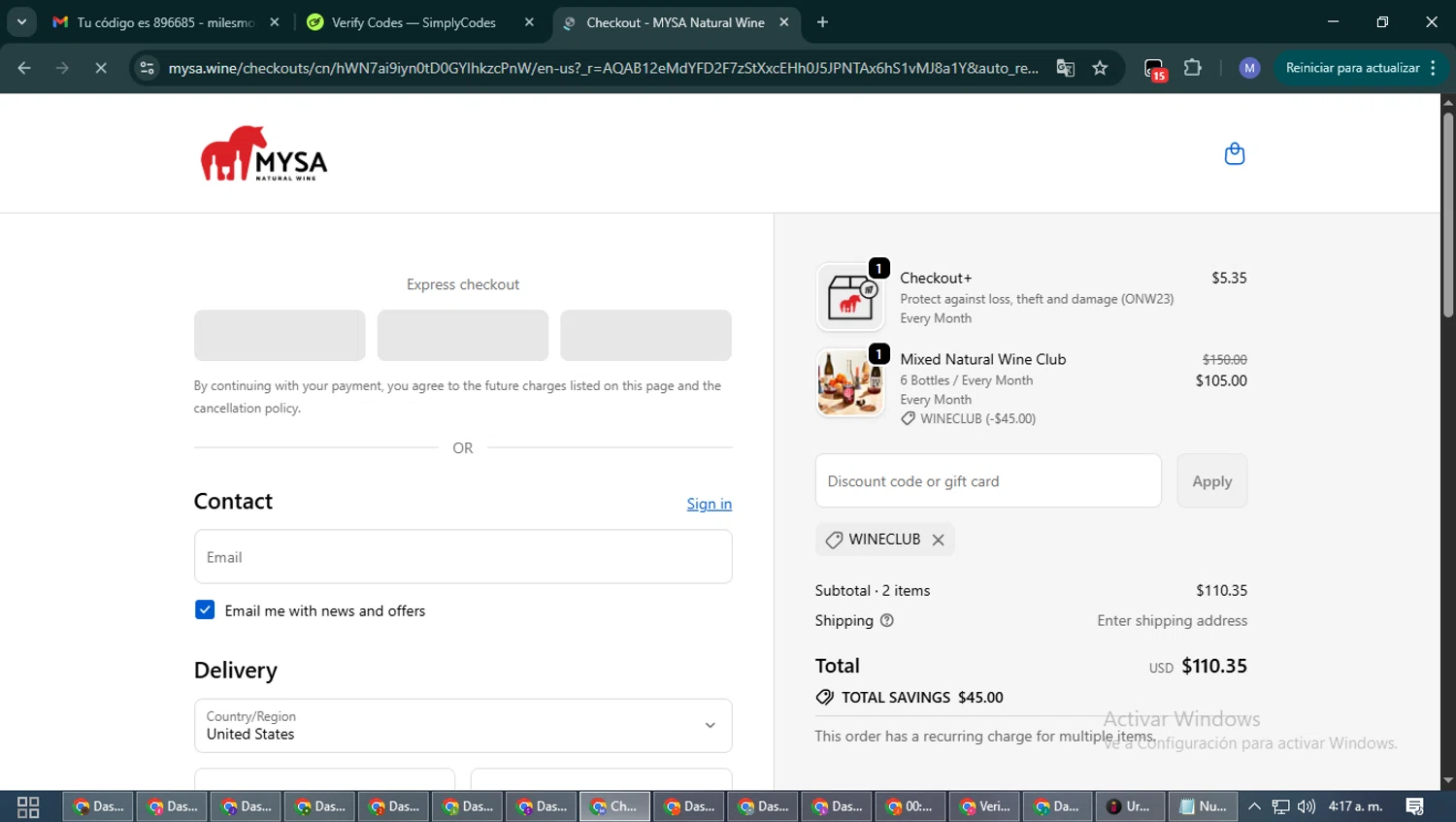 MYSA Natural Wine checkout page showing MYSA Natural Wine promo code box | Screenshot taken by SimplyCodes community member on Jan 14, 2026