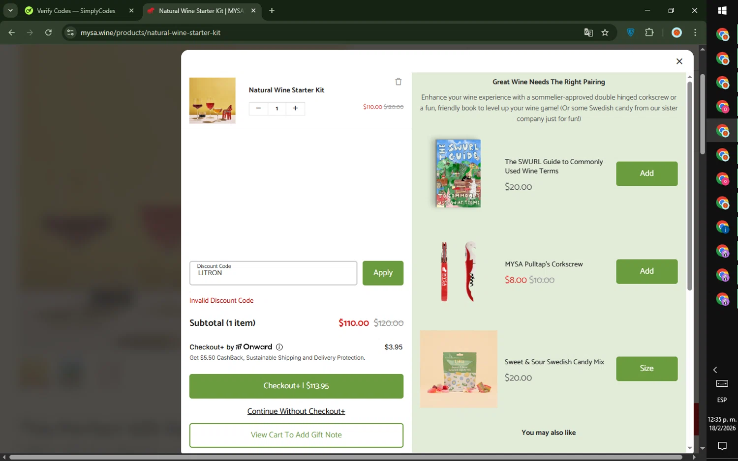 MYSA Natural Wine promo code screenshot showing code LITRON applied at MYSA Natural Wine checkout page. Uploaded by SimplyCodes community member DealTiger9869 on Feb 18, 2026