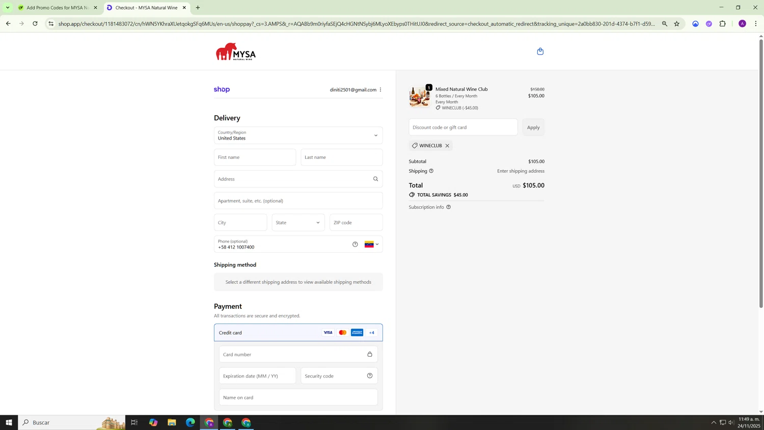 MYSA Natural Wine promo code screenshot showing code WINECLUB applied at MYSA Natural Wine checkout page. Uploaded by SimplyCodes community member Hasta_El_Final on Nov 24, 2025