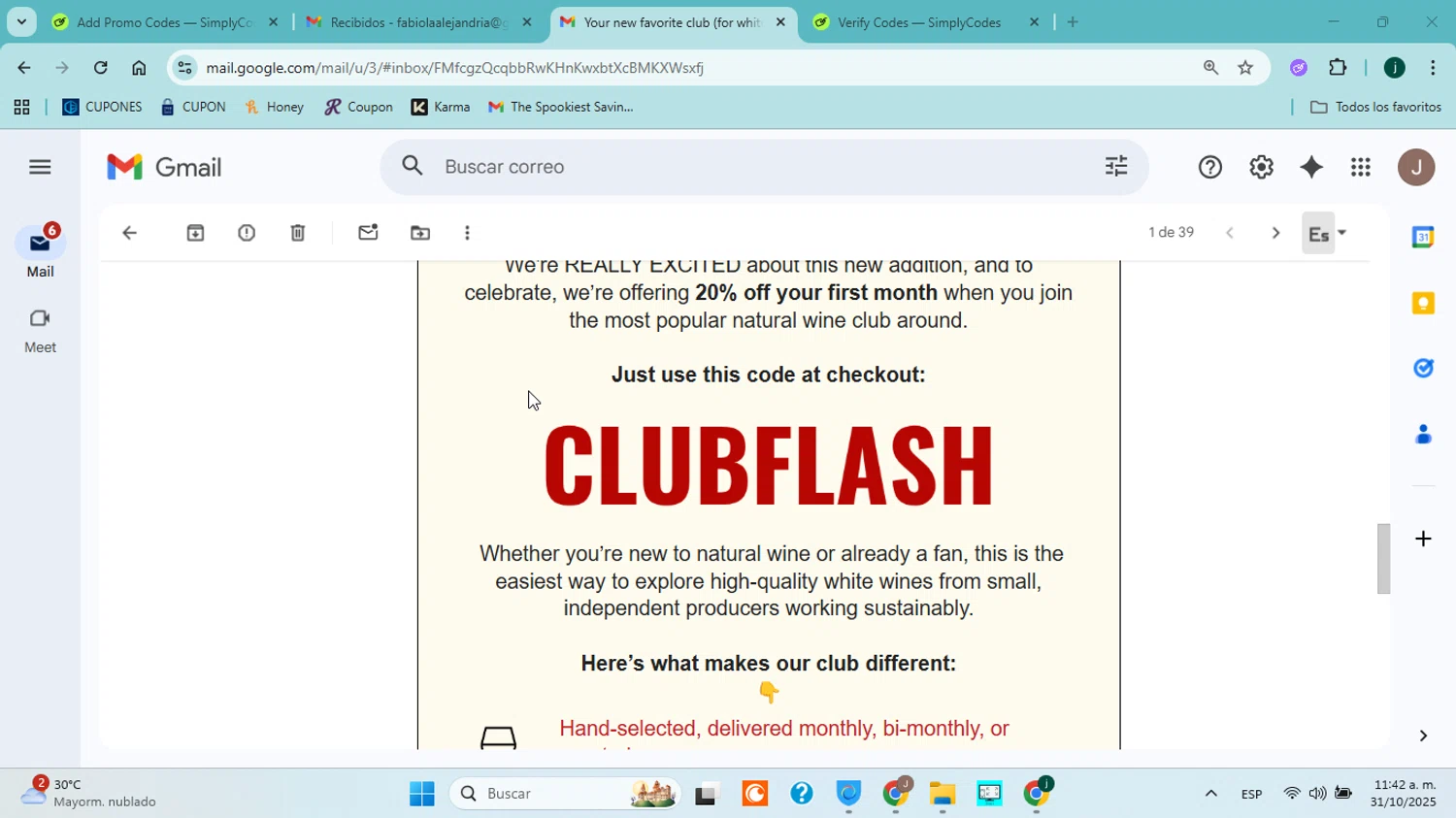 MYSA Natural Wine promo code screenshot showing code CLUBFLASH applied at MYSA Natural Wine checkout page. Uploaded by SimplyCodes community member jorgejavierherrera on Oct 31, 2025
