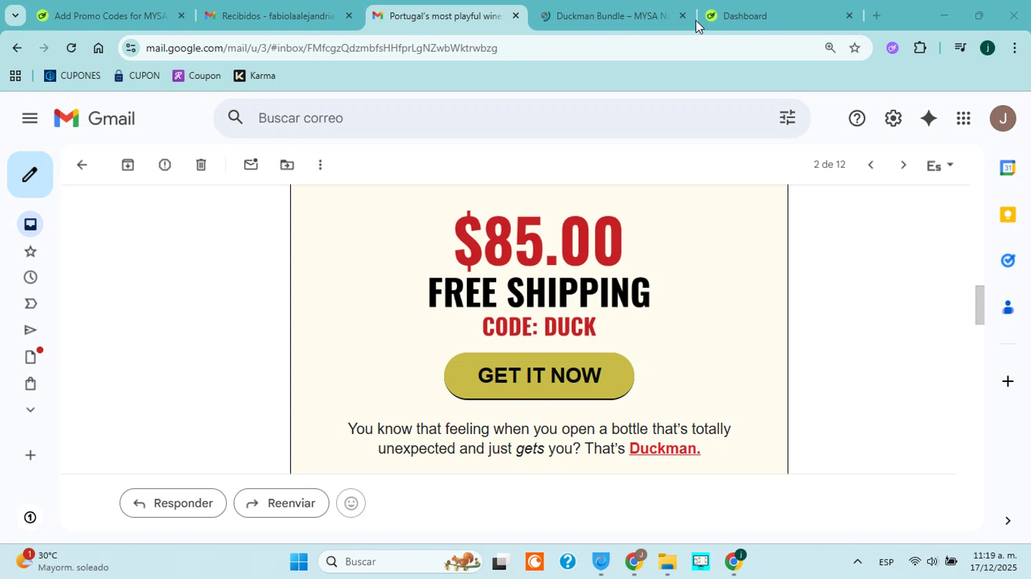 MYSA Natural Wine promo code screenshot showing code DUCK applied at MYSA Natural Wine checkout page. Uploaded by SimplyCodes community member jorgejavierherrera on Dec 17, 2025