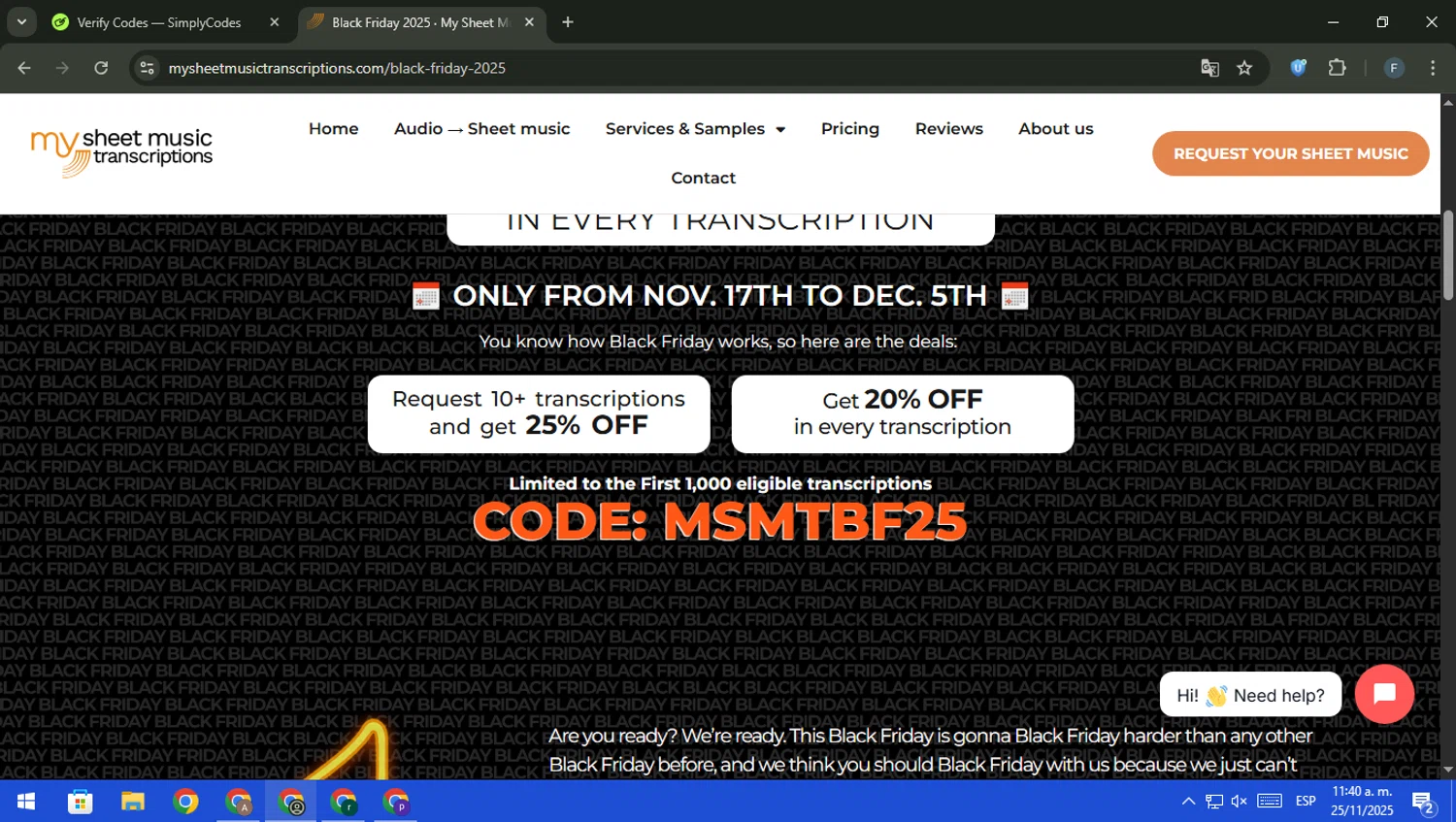 My Sheet Music Transcriptions promo code screenshot showing code MSMTBF25 applied at My Sheet Music Transcriptions checkout page. Uploaded by SimplyCodes community member pajarito on Nov 25, 2025