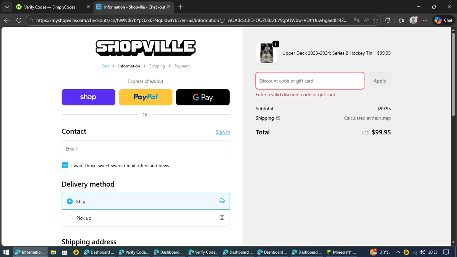 MyShopville promo code screenshot showing code WLCM10 applied at MyShopville checkout page. Uploaded by SimplyCodes community member Kaizen on Feb 13, 2026