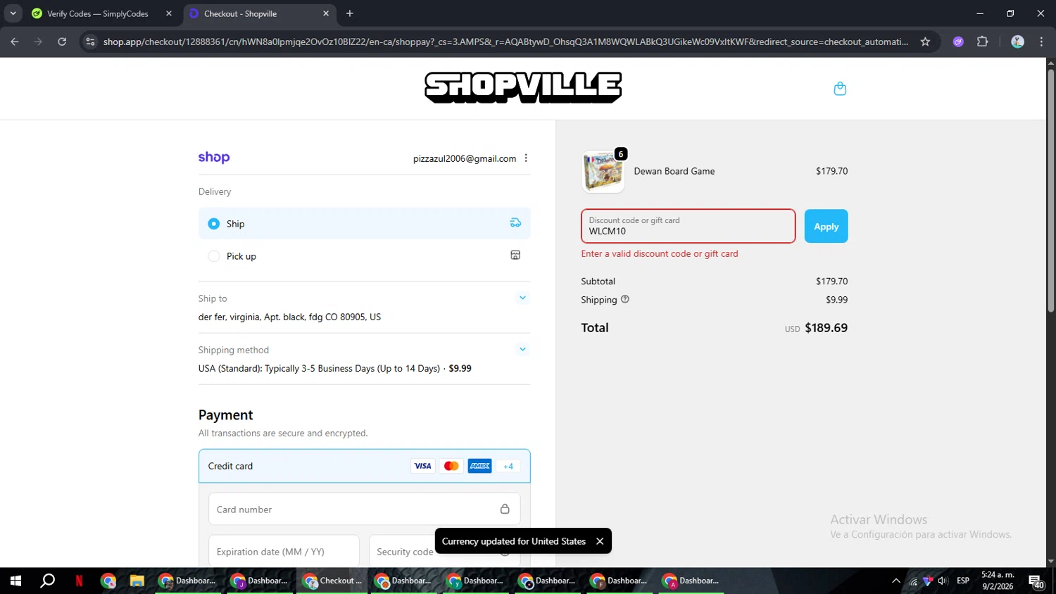 MyShopville promo code screenshot showing code WLCM10 applied at MyShopville checkout page. Uploaded by SimplyCodes community member ShrewdSeeker6165 on Feb 9, 2026