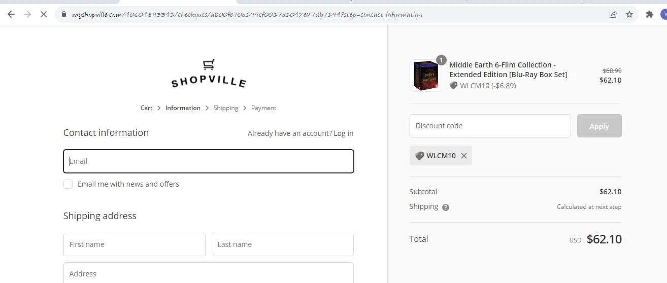 MyShopville checkout page showing MyShopville promo code box | Screenshot taken by SimplyCodes community member on Feb 26, 2022