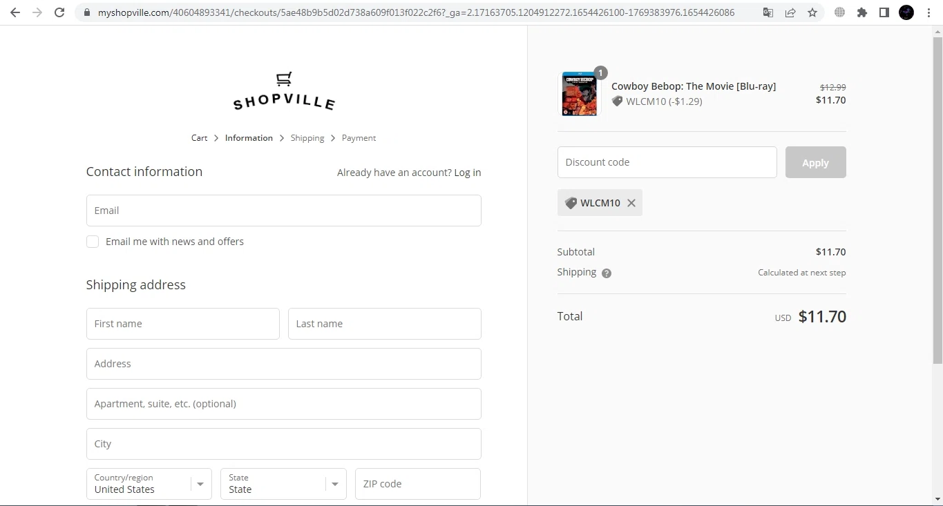 MyShopville checkout page showing MyShopville promo code box | Screenshot taken by SimplyCodes community member on Jun 5, 2022