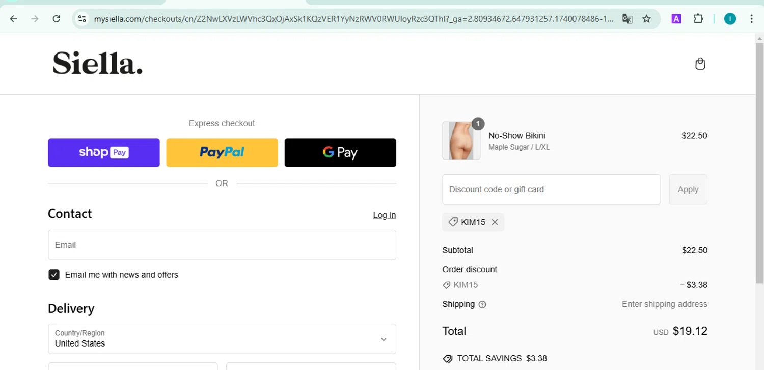 Siella discount code screenshot showing code KIM15 applied at Siella checkout page. Uploaded by SimplyCodes community member NobleDefender3673 on Feb 20, 2025