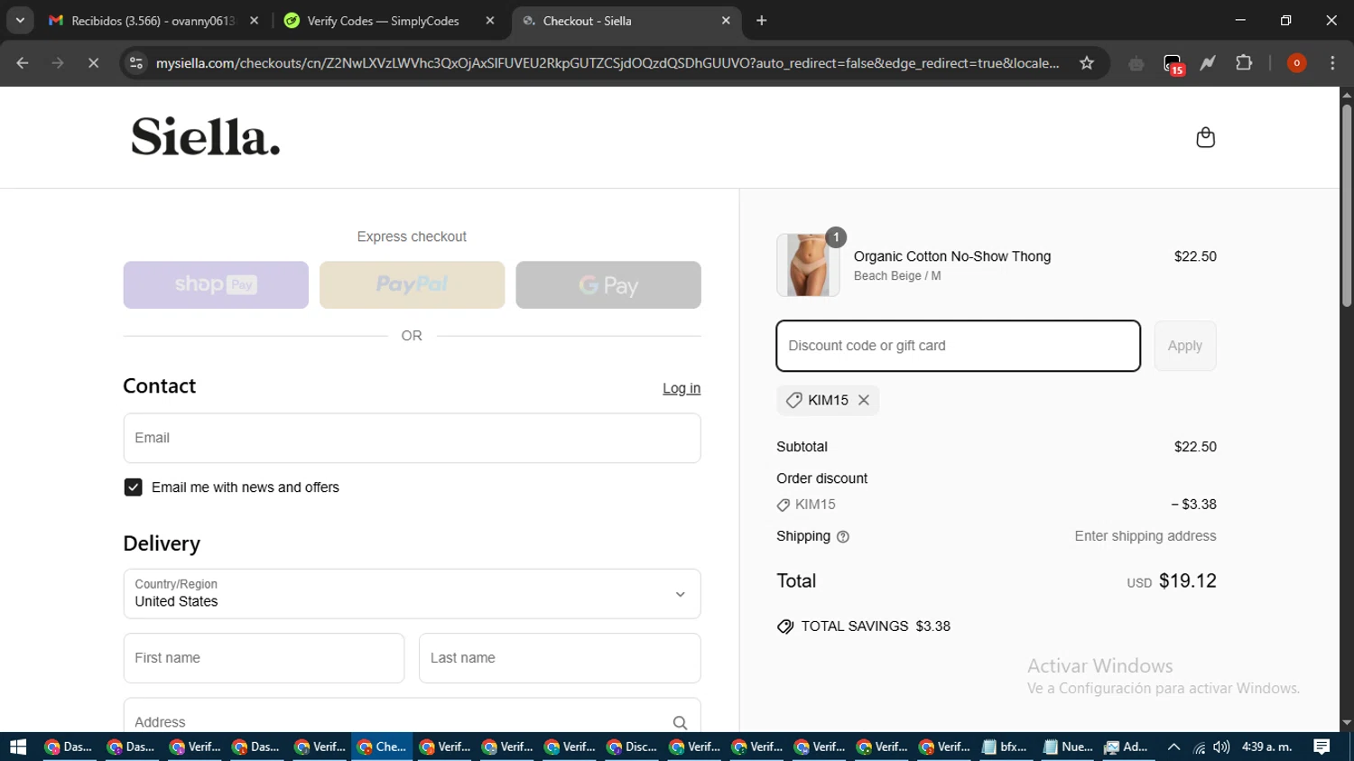 Siella discount code screenshot showing code KIM15 applied at Siella checkout page. Uploaded by SimplyCodes community member WiseTracker2171 on Apr 2, 2025