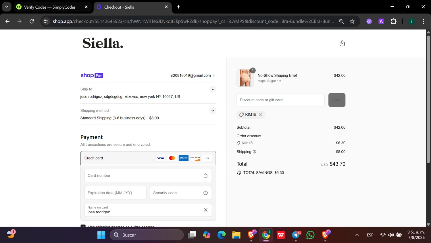 Siella discount code screenshot showing code KIM15 applied at Siella checkout page. Uploaded by SimplyCodes community member hanzell03 on Aug 7, 2025