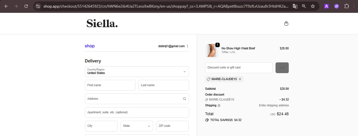Siella discount code screenshot showing code MARIE-CLAUDE15 applied at Siella checkout page. Uploaded by SimplyCodes community member CoinMaverick1452 on Dec 20, 2025