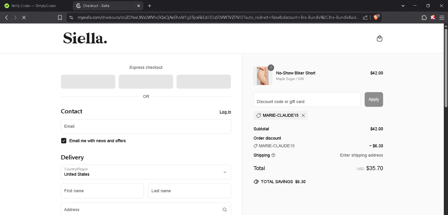 Siella discount code screenshot showing code MARIE-CLAUDE15 applied at Siella checkout page. Uploaded by SimplyCodes community member JosephStevens774 on Jun 17, 2025