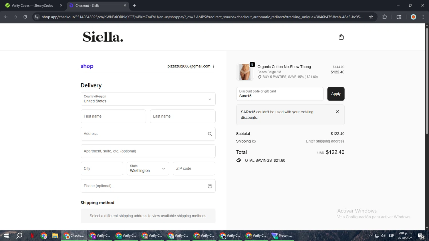 Siella discount code screenshot showing code Sara15 applied at Siella checkout page. Uploaded by SimplyCodes community member BonusCaptain9927 on Oct 9, 2025