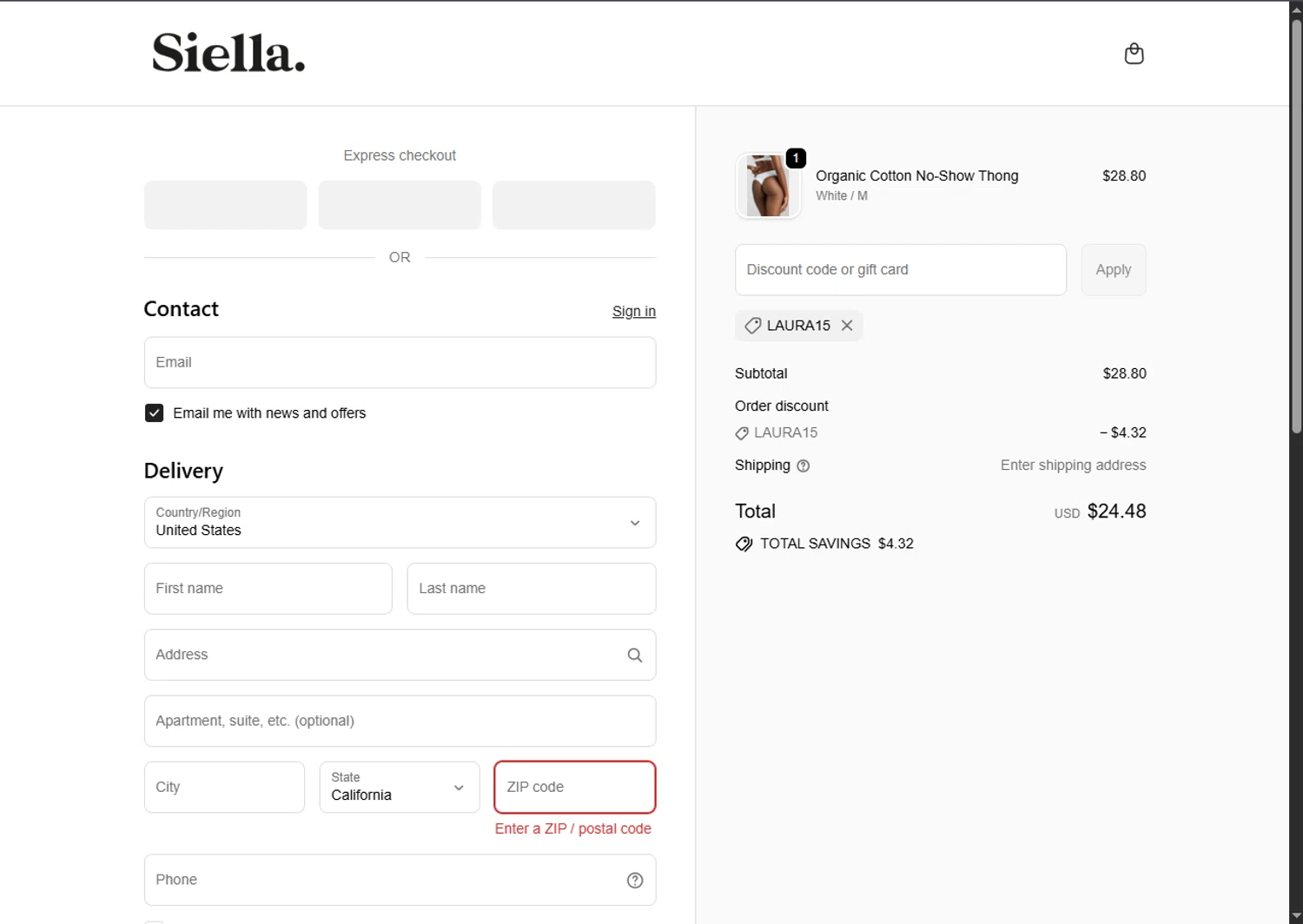 Siella discount code screenshot showing code Laura15 applied at Siella checkout page. Uploaded by SimplyCodes community member SalePhoenix2220 on Sep 23, 2025