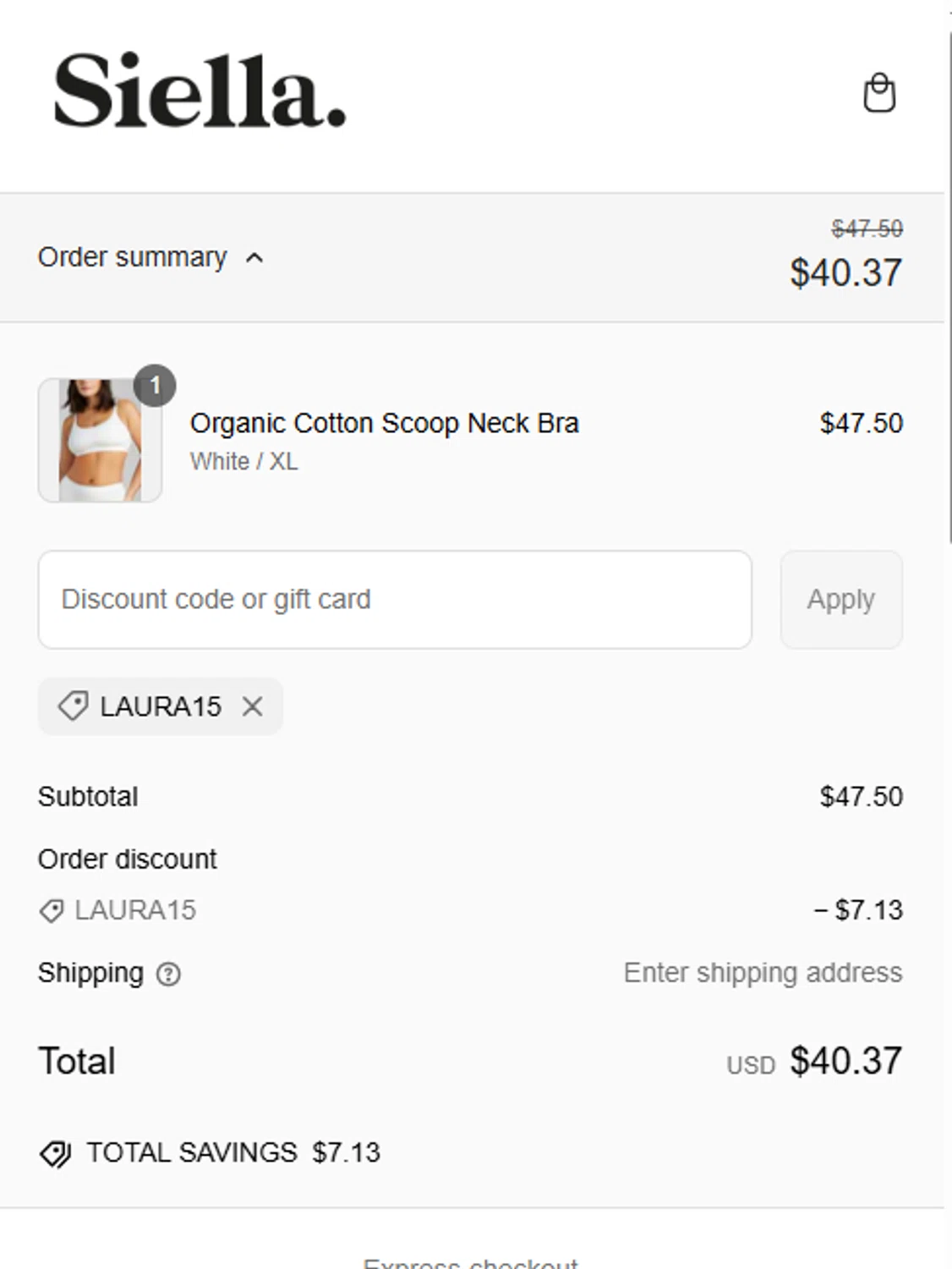 Siella discount code screenshot showing code Laura15 applied at Siella checkout page. Uploaded by SimplyCodes community member VayneChambeadora on Mar 11, 2025