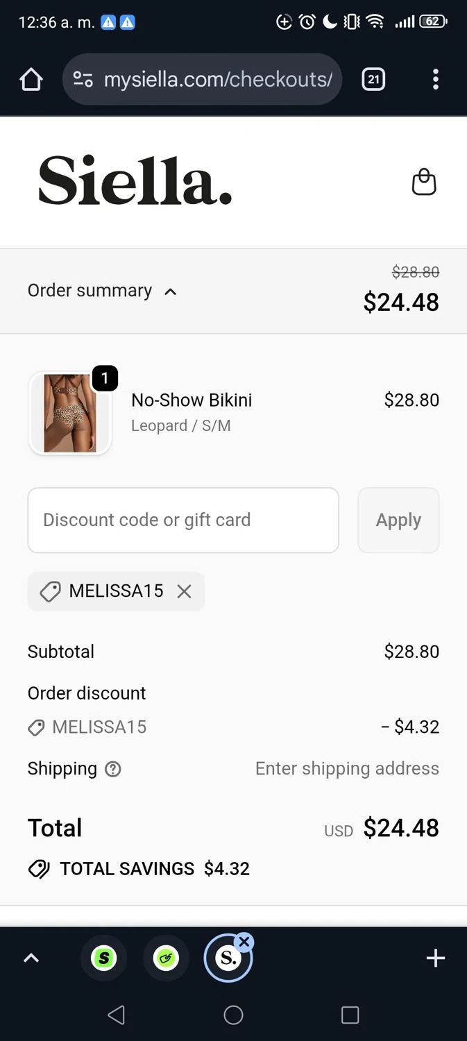 Siella discount code screenshot showing code Melissa15 applied at Siella checkout page. Uploaded by SimplyCodes community member George09 on Sep 23, 2025