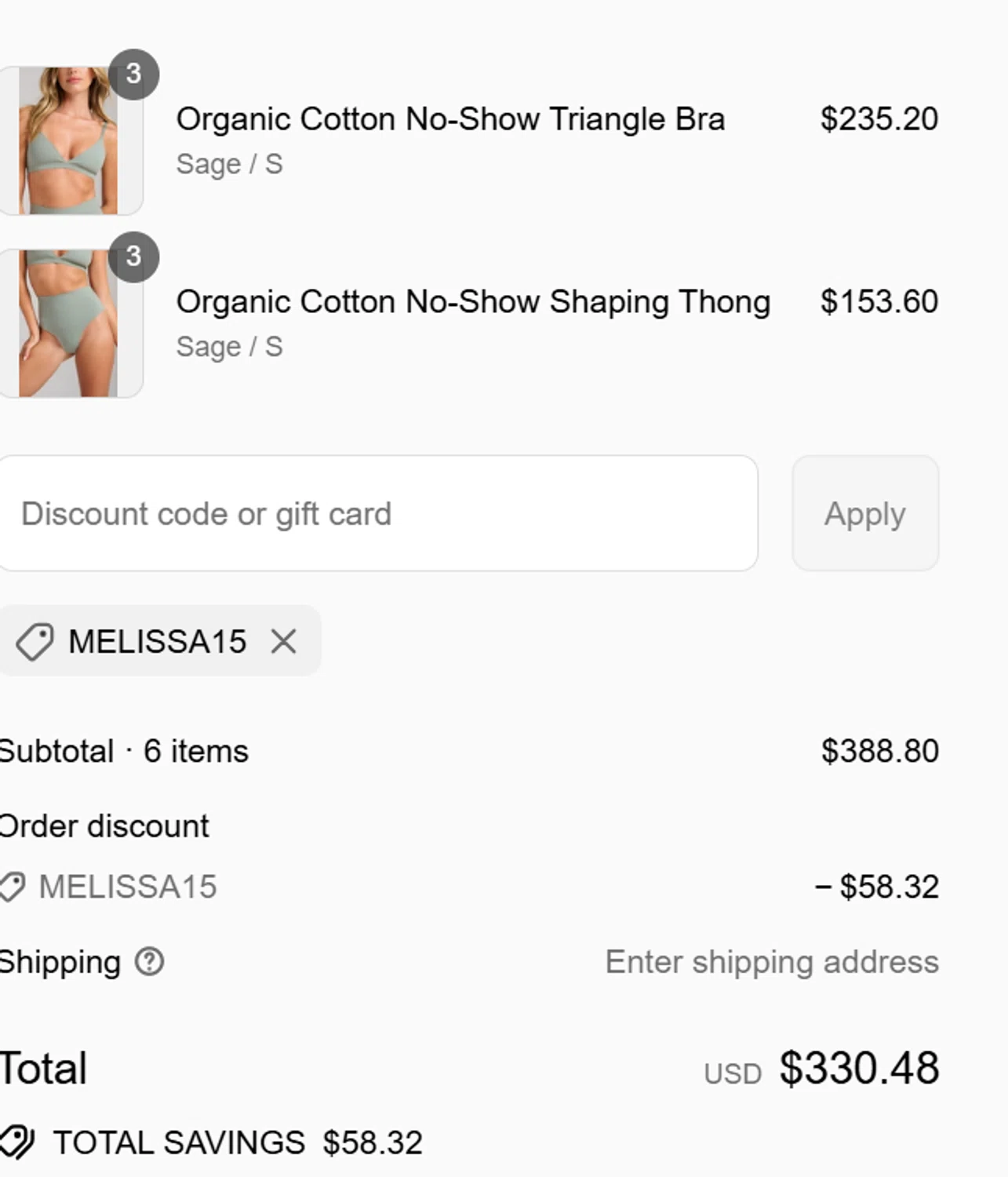 Siella discount code screenshot showing code Melissa15 applied at Siella checkout page. Uploaded by SimplyCodes community member PrimeWhiz7068 on Sep 6, 2025