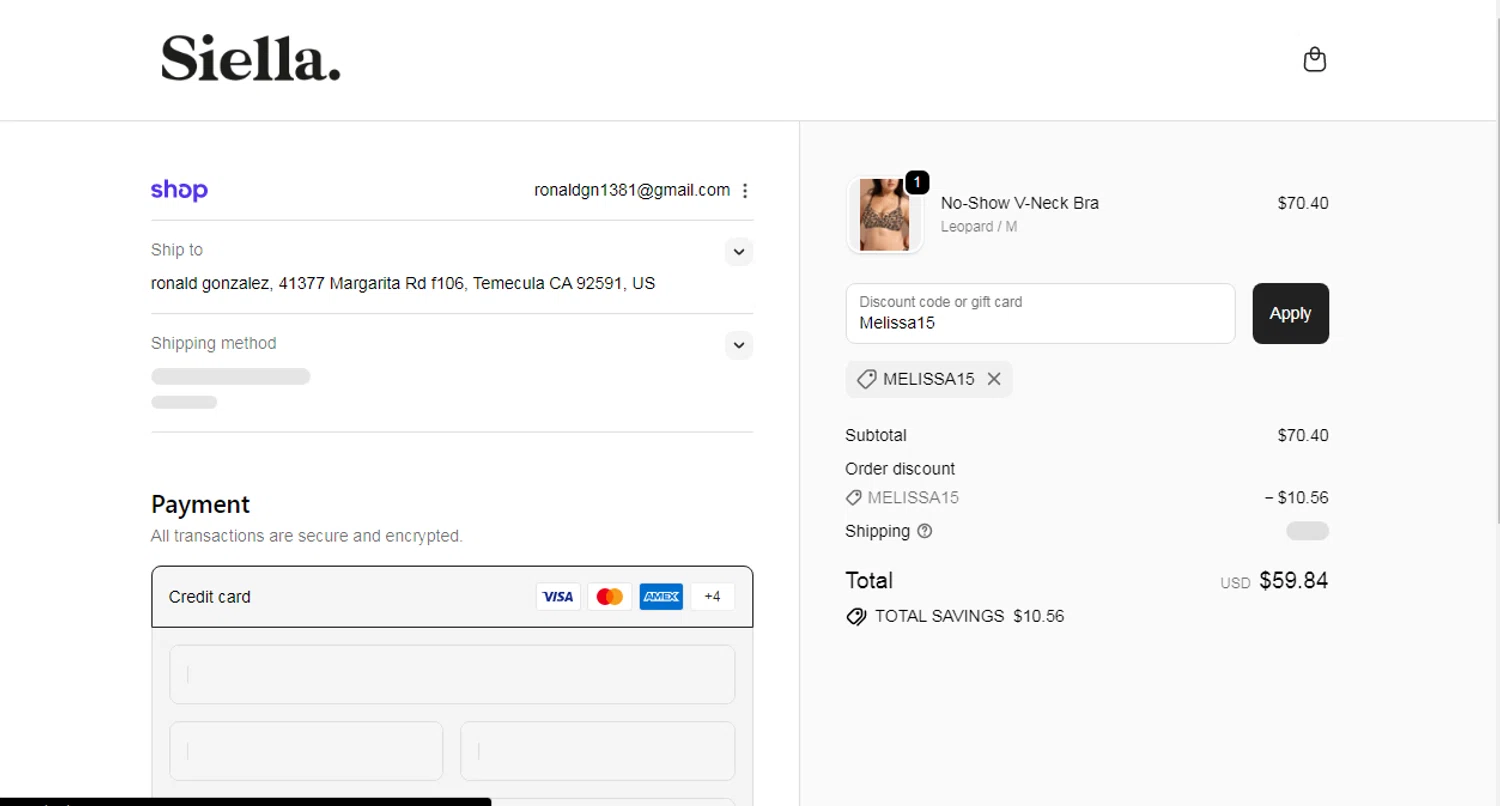 Siella discount code screenshot showing code Melissa15 applied at Siella checkout page. Uploaded by SimplyCodes community member SmartSaver7916 on Nov 22, 2025