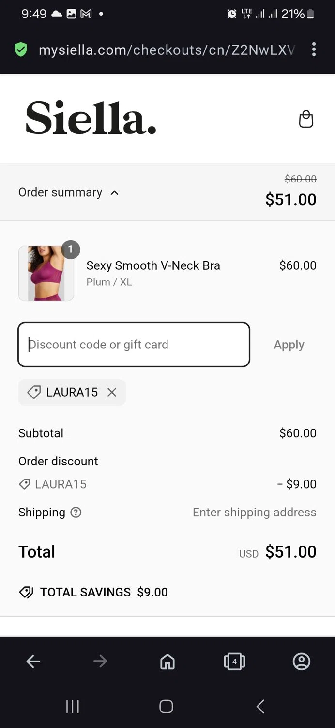 Siella discount code screenshot showing code Laura15 applied at Siella checkout page. Uploaded by SimplyCodes community member vida5254427716958 on Mar 6, 2025