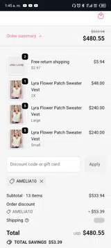 AMELIA10 coupon verification screenshot