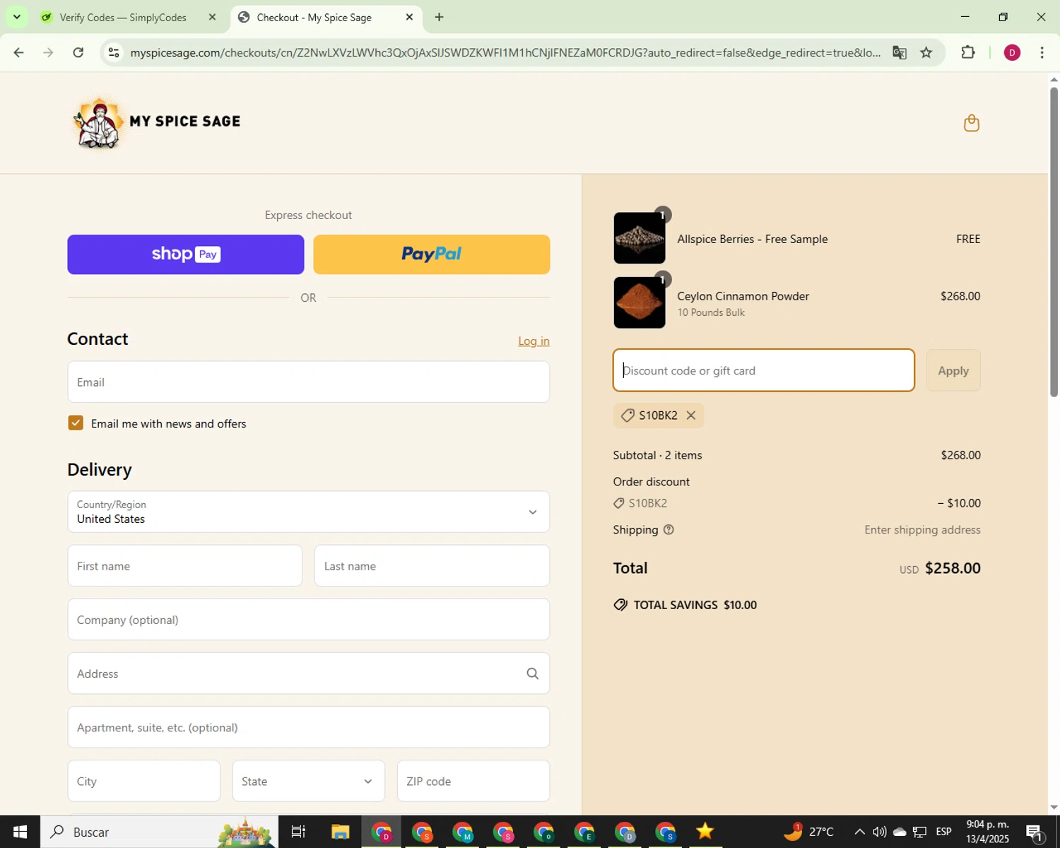 My Spice Sage coupon code screenshot showing code S10BK2 applied at My Spice Sage checkout page. Uploaded by SimplyCodes community member 000012 on Apr 14, 2025