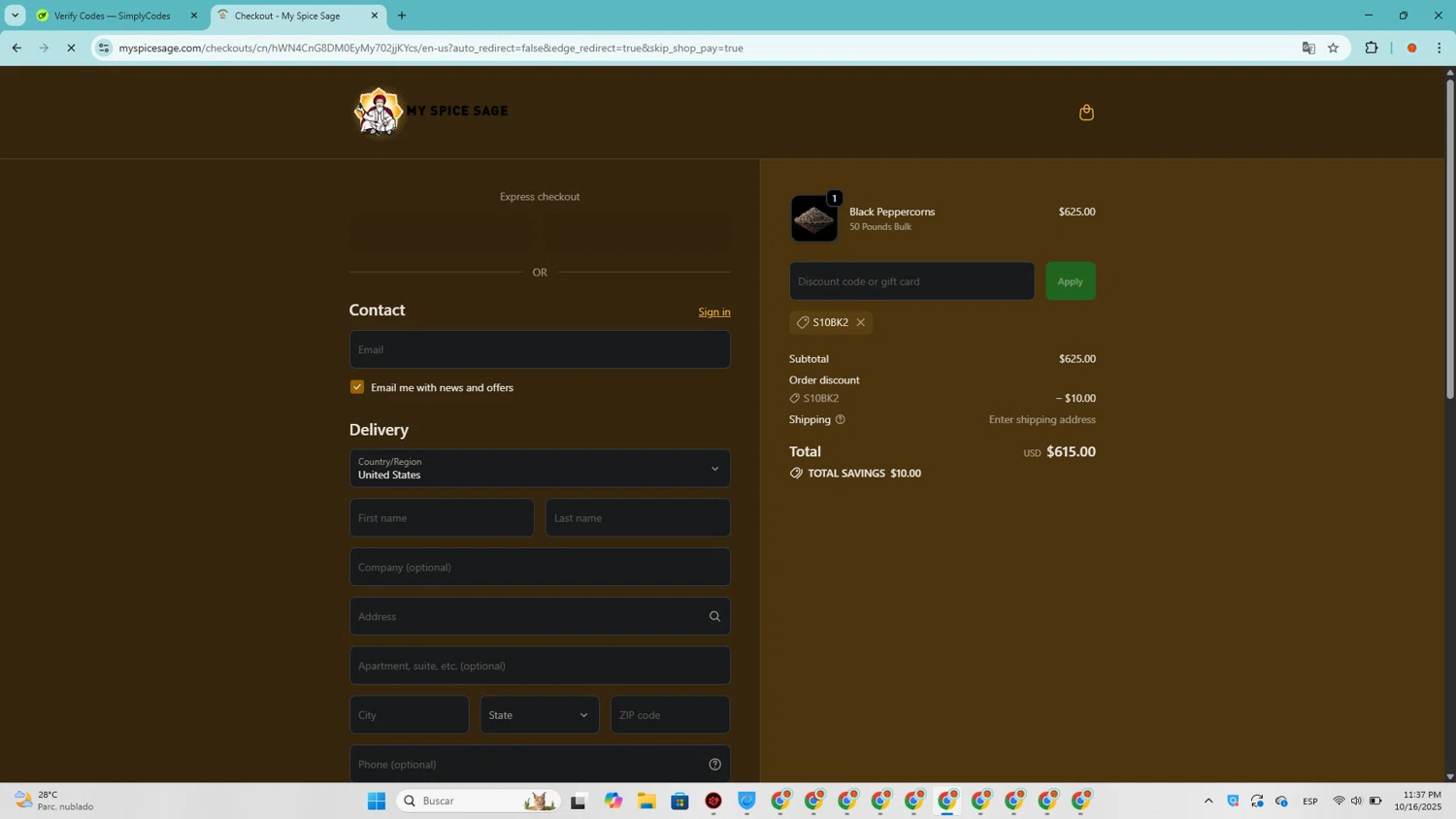 My Spice Sage coupon code screenshot showing code S10BK2 applied at My Spice Sage checkout page. Uploaded by SimplyCodes community member SavingsRanger5017 on Oct 17, 2025