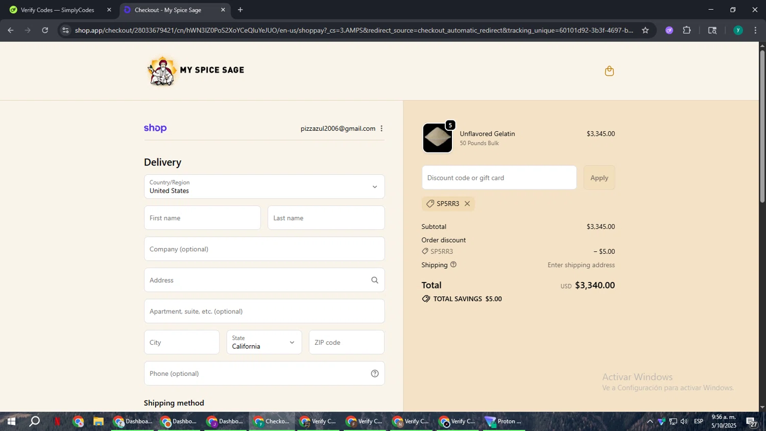 My Spice Sage coupon code screenshot showing code SP5RR3 applied at My Spice Sage checkout page. Uploaded by SimplyCodes community member FrugalCaptain6906 on Oct 5, 2025