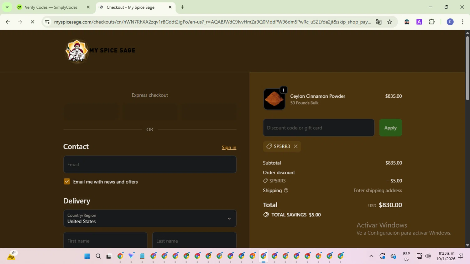 My Spice Sage checkout page showing My Spice Sage coupon code box | Screenshot taken by SimplyCodes community member on Jan 10, 2026