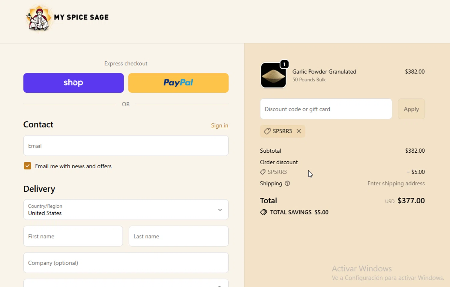My Spice Sage coupon code screenshot showing code SP5RR3 applied at My Spice Sage checkout page. Uploaded by SimplyCodes community member danyx_gx on Oct 30, 2025