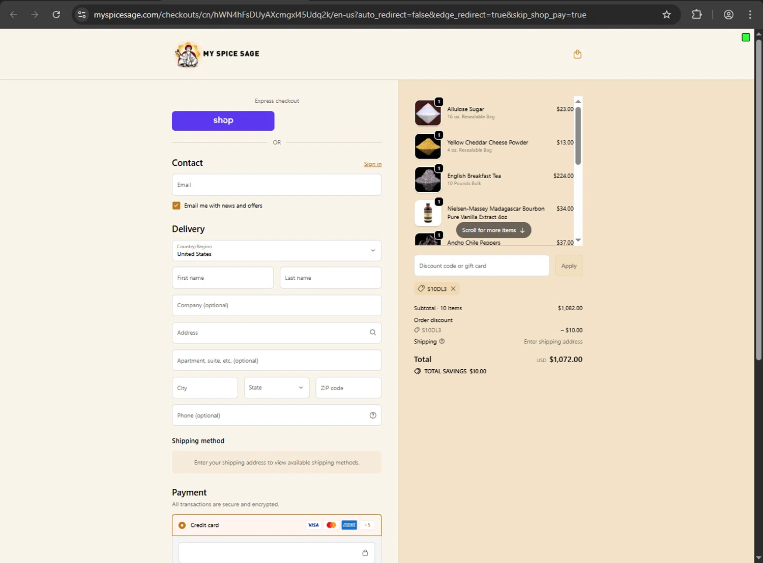 My Spice Sage coupon code screenshot showing code S10DL3 applied at My Spice Sage checkout page. Uploaded by SimplyCodes community member Jeremi on Oct 30, 2025