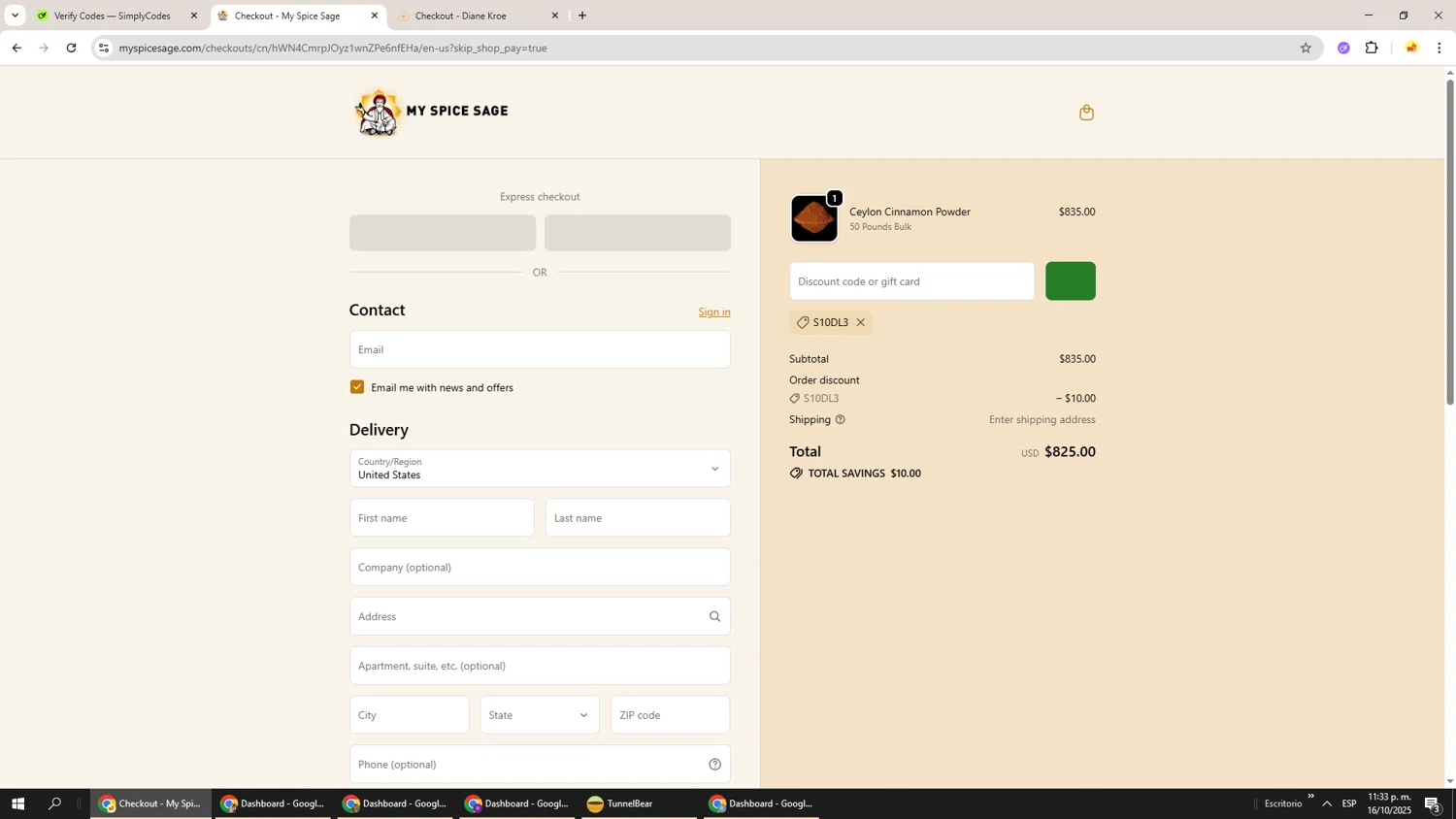 My Spice Sage coupon code screenshot showing code S10DL3 applied at My Spice Sage checkout page. Uploaded by SimplyCodes community member Richard251 on Oct 17, 2025