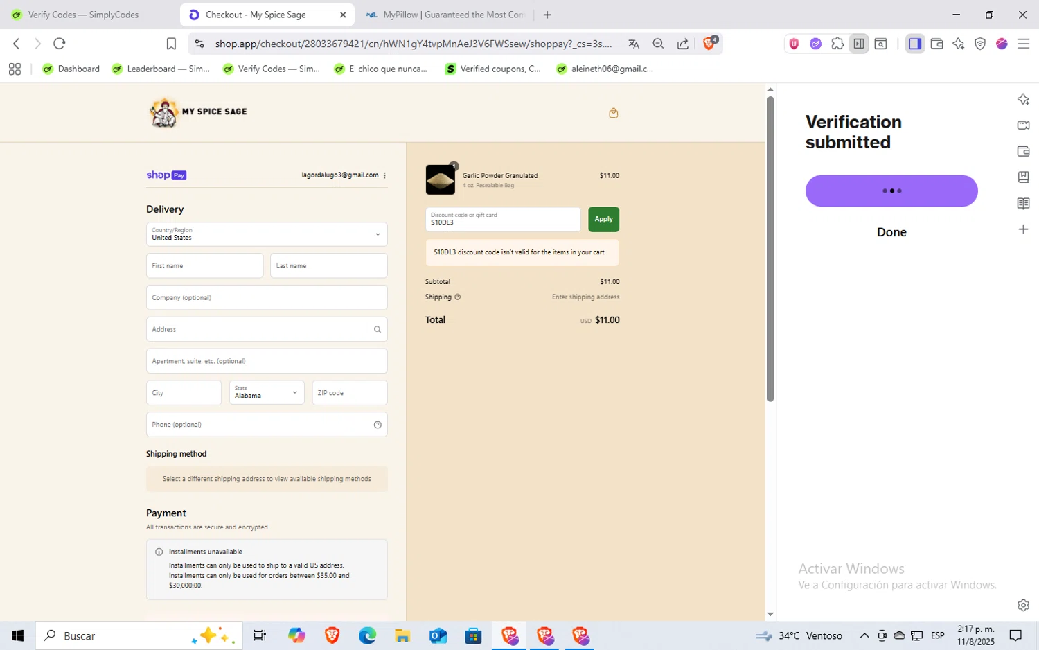 My Spice Sage coupon code screenshot showing code S10DL3 applied at My Spice Sage checkout page. Uploaded by SimplyCodes community member Rayyyyyy on Aug 11, 2025