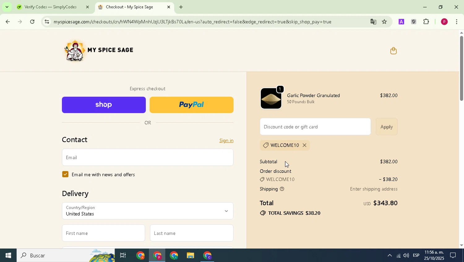 My Spice Sage coupon code screenshot showing code WELCOME10 applied at My Spice Sage checkout page. Uploaded by SimplyCodes community member Paul_Skenes on Oct 25, 2025
