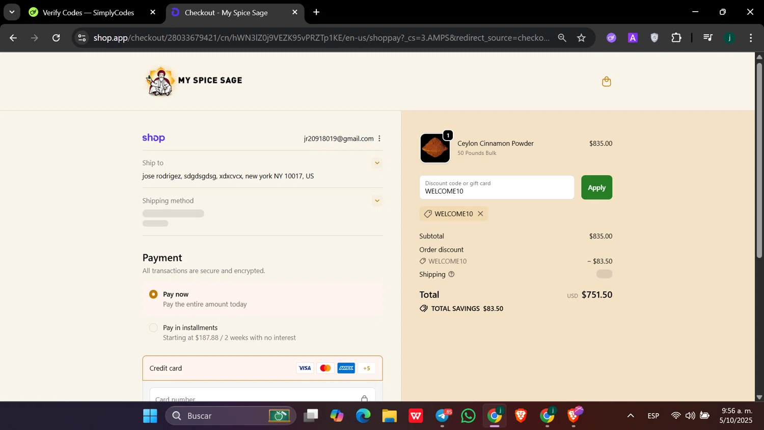 My Spice Sage coupon code screenshot showing code WELCOME10 applied at My Spice Sage checkout page. Uploaded by SimplyCodes community member hanzell03 on Oct 5, 2025