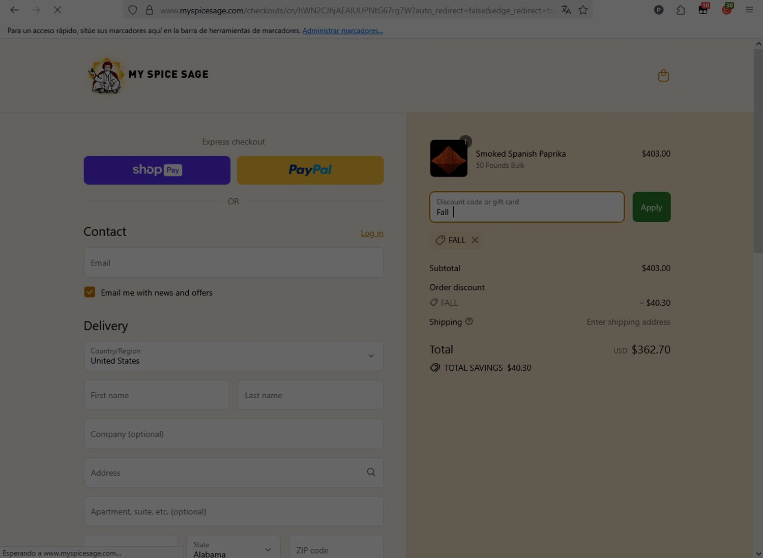 My Spice Sage coupon code screenshot showing code Fall applied at My Spice Sage checkout page. Uploaded by SimplyCodes community member CleverFox1674 on Aug 25, 2025