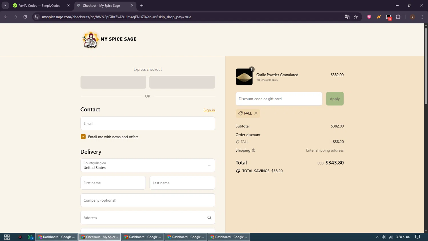 My Spice Sage coupon code screenshot showing code Fall applied at My Spice Sage checkout page. Uploaded by SimplyCodes community member GoldSentinel1426 on Sep 10, 2025