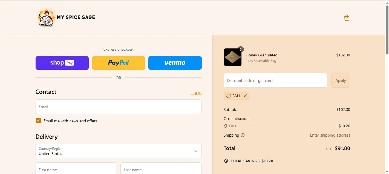 My Spice Sage coupon code screenshot showing code Fall applied at My Spice Sage checkout page. Uploaded by SimplyCodes community member jairomalkovich on Jun 17, 2025