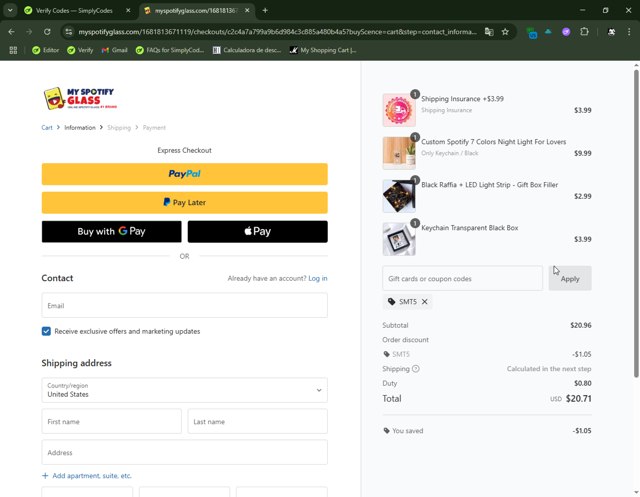 MySpotifyGlass checkout page showing MySpotifyGlass coupon code box | Screenshot taken by SimplyCodes community member on Jul 12, 2025