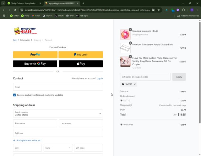 MySpotifyGlass checkout page showing MySpotifyGlass coupon code box | Screenshot taken by SimplyCodes community member on Jul 17, 2025