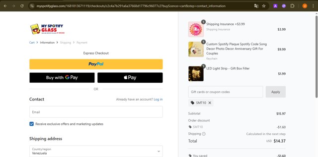 MySpotifyGlass checkout page showing MySpotifyGlass coupon code box | Screenshot taken by SimplyCodes community member on Aug 15, 2025
