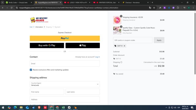 MySpotifyGlass checkout page showing MySpotifyGlass coupon code box | Screenshot taken by SimplyCodes community member on Aug 27, 2025