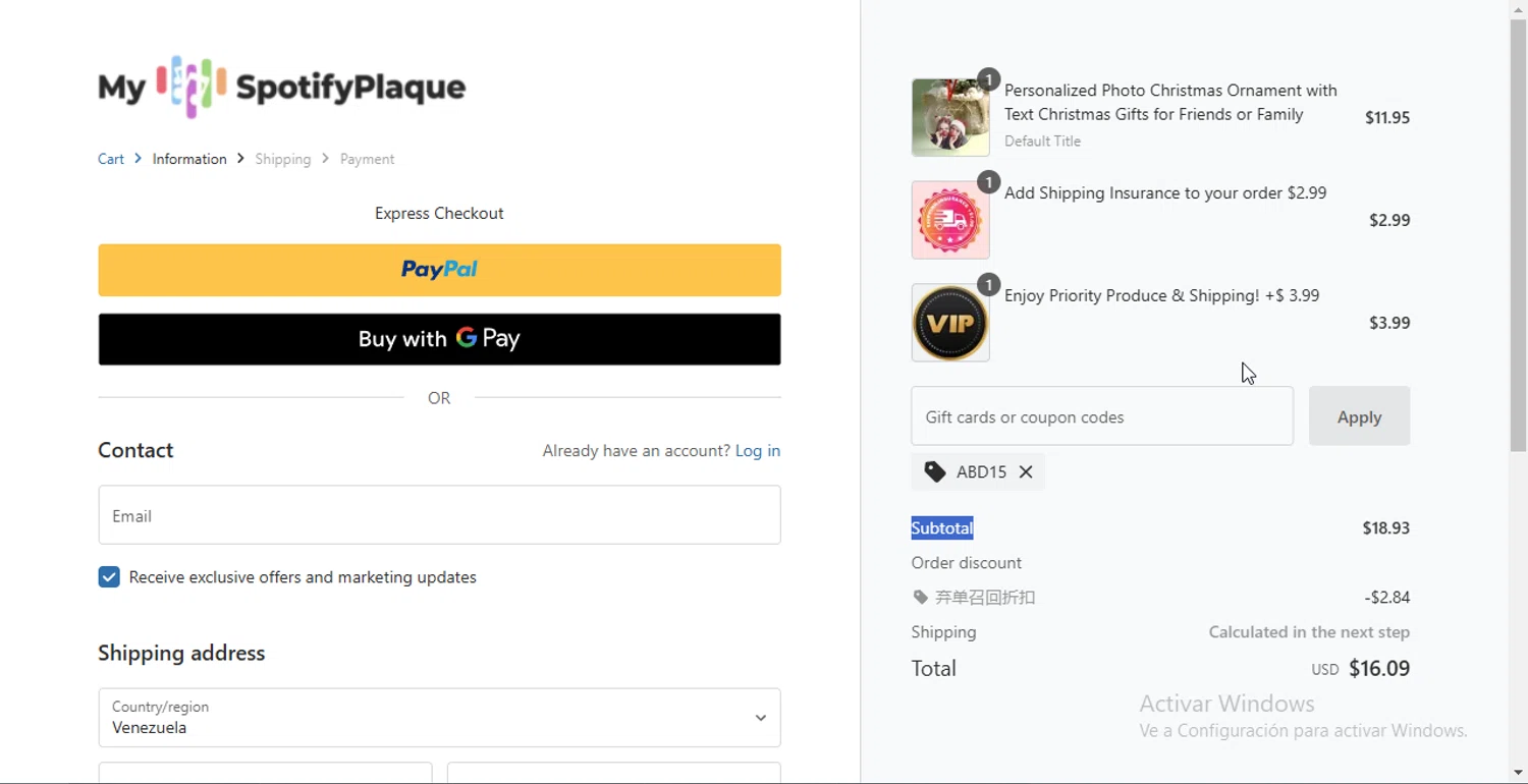 My Spotify Plaque coupon code screenshot showing code ABD15 applied at My Spotify Plaque checkout page. Uploaded by SimplyCodes community member Jsjsjsjsjsjsjs on Mar 6, 2025