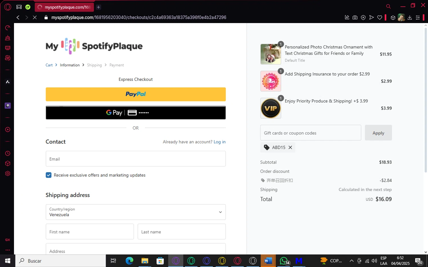 My Spotify Plaque coupon code screenshot showing code ABD15 applied at My Spotify Plaque checkout page. Uploaded by SimplyCodes community member kukasuabe on Apr 4, 2025