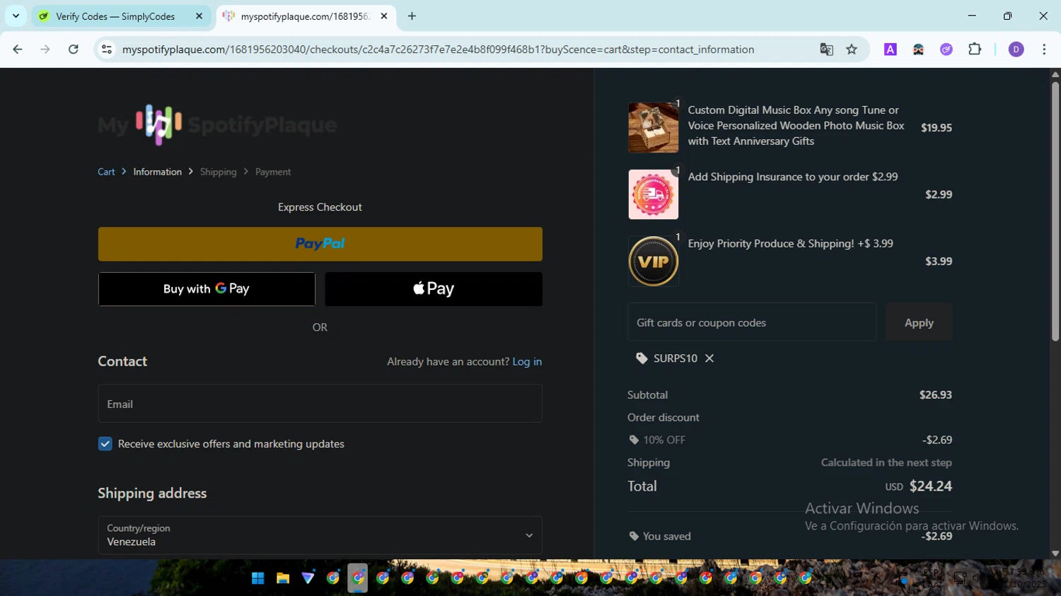 My Spotify Plaque coupon code screenshot showing code SURPS10 applied at My Spotify Plaque checkout page. Uploaded by SimplyCodes community member EpicSpotter8045 on Oct 21, 2025