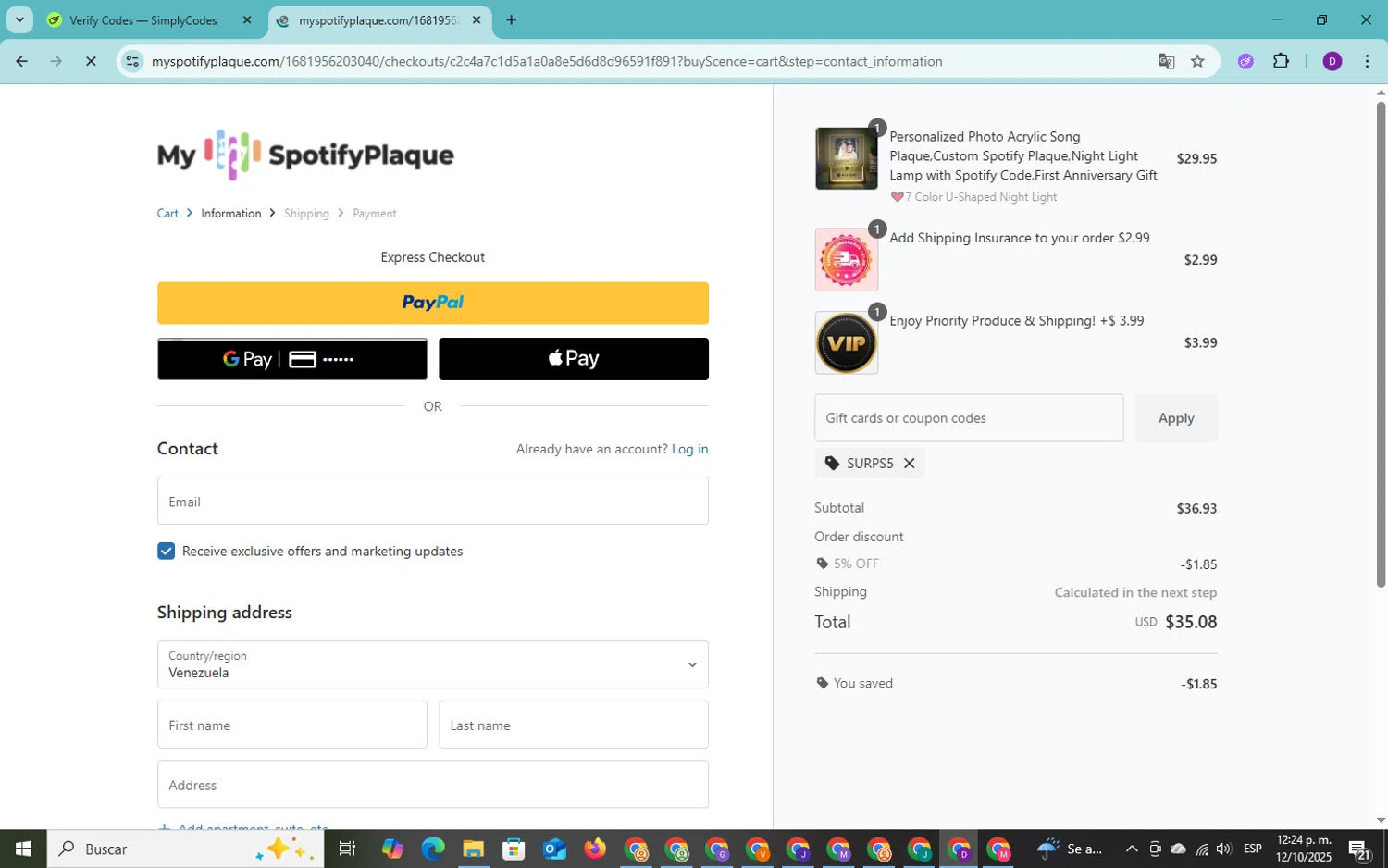 My Spotify Plaque coupon code screenshot showing code SURPS5 applied at My Spotify Plaque checkout page. Uploaded by SimplyCodes community member SmartMaverick353 on Oct 12, 2025