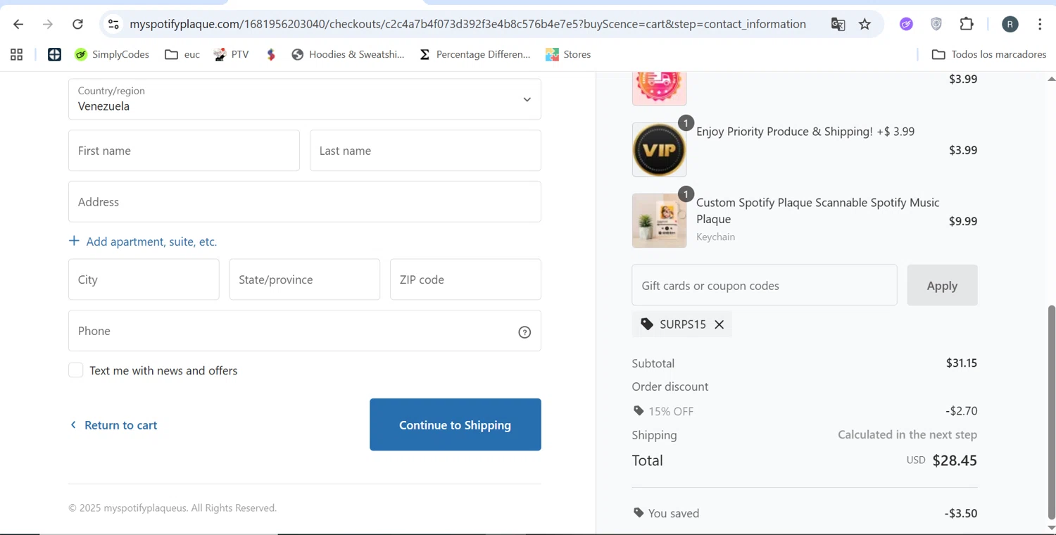 My Spotify Plaque coupon code screenshot showing code SURPS15 applied at My Spotify Plaque checkout page. Uploaded by SimplyCodes community member MarcoReus on Aug 26, 2025