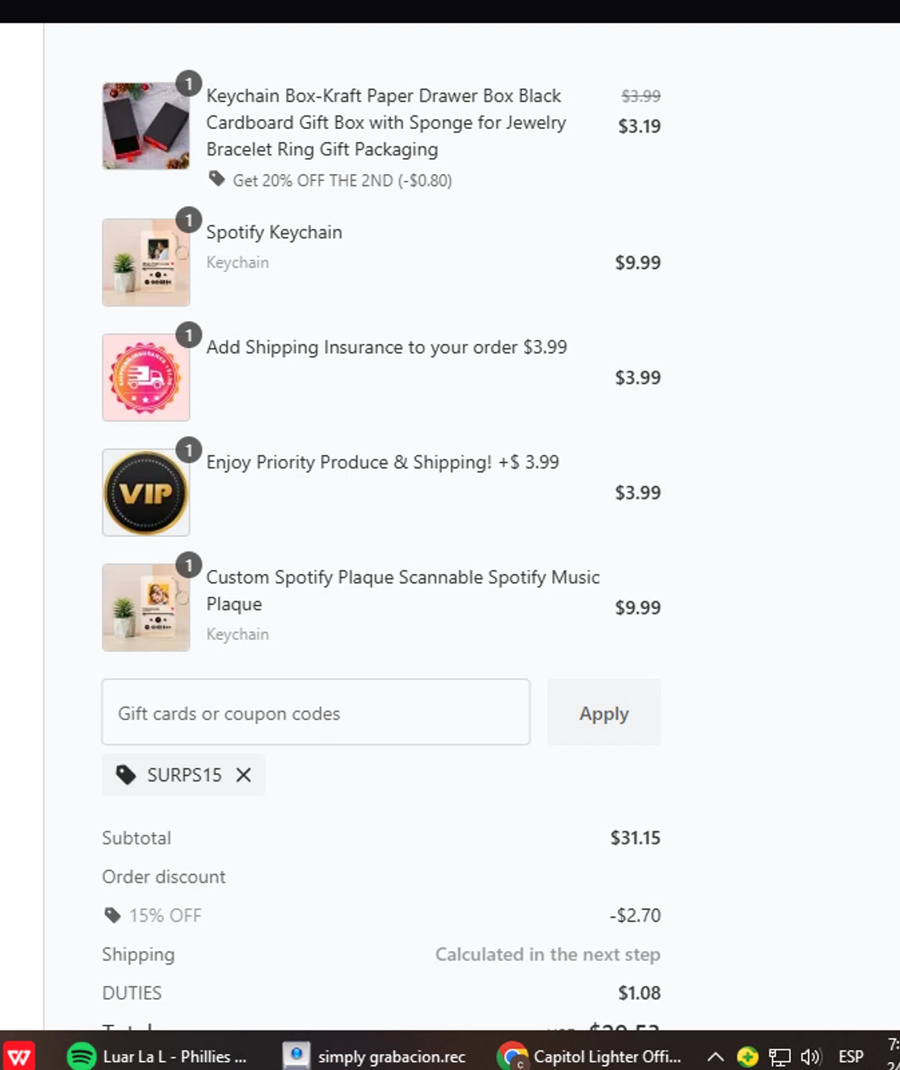 My Spotify Plaque coupon code screenshot showing code SURPS15 applied at My Spotify Plaque checkout page. Uploaded by SimplyCodes community member manuelturizo on Sep 24, 2025