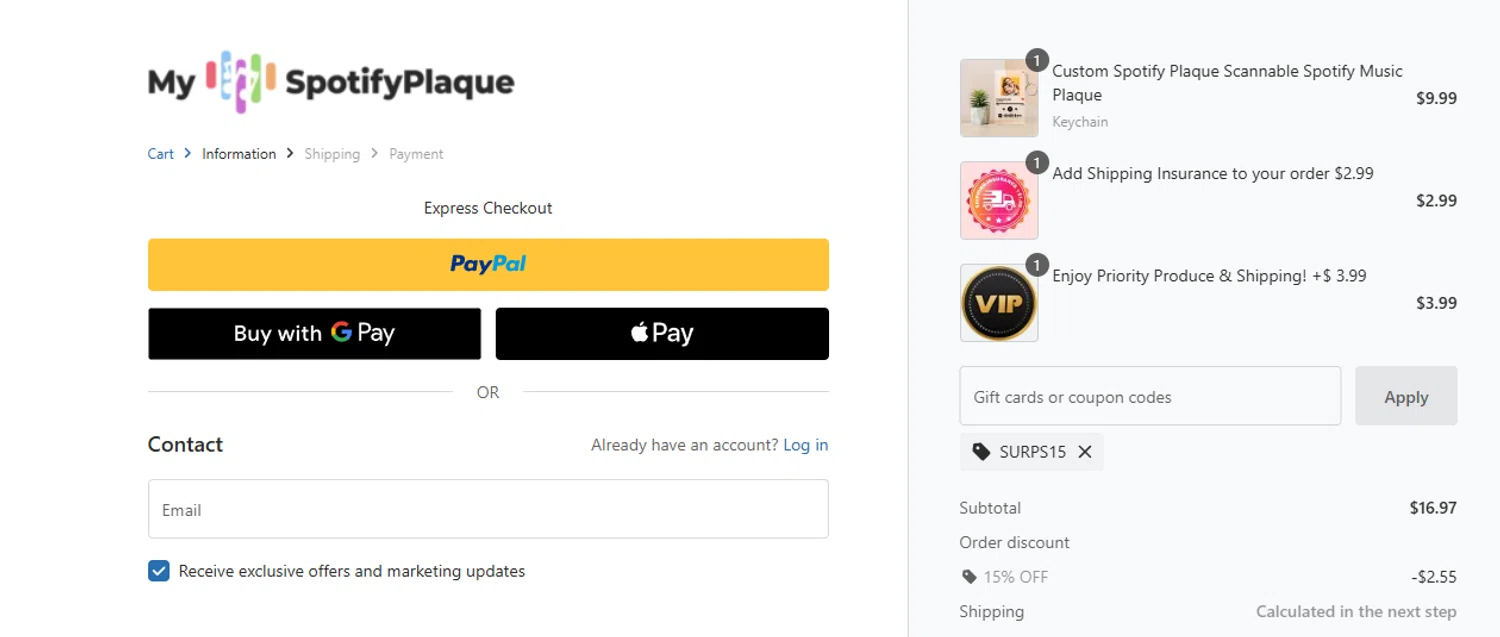 My Spotify Plaque coupon code screenshot showing code SURPS15 applied at My Spotify Plaque checkout page. Uploaded by SimplyCodes community member ashe1986 on Aug 26, 2025