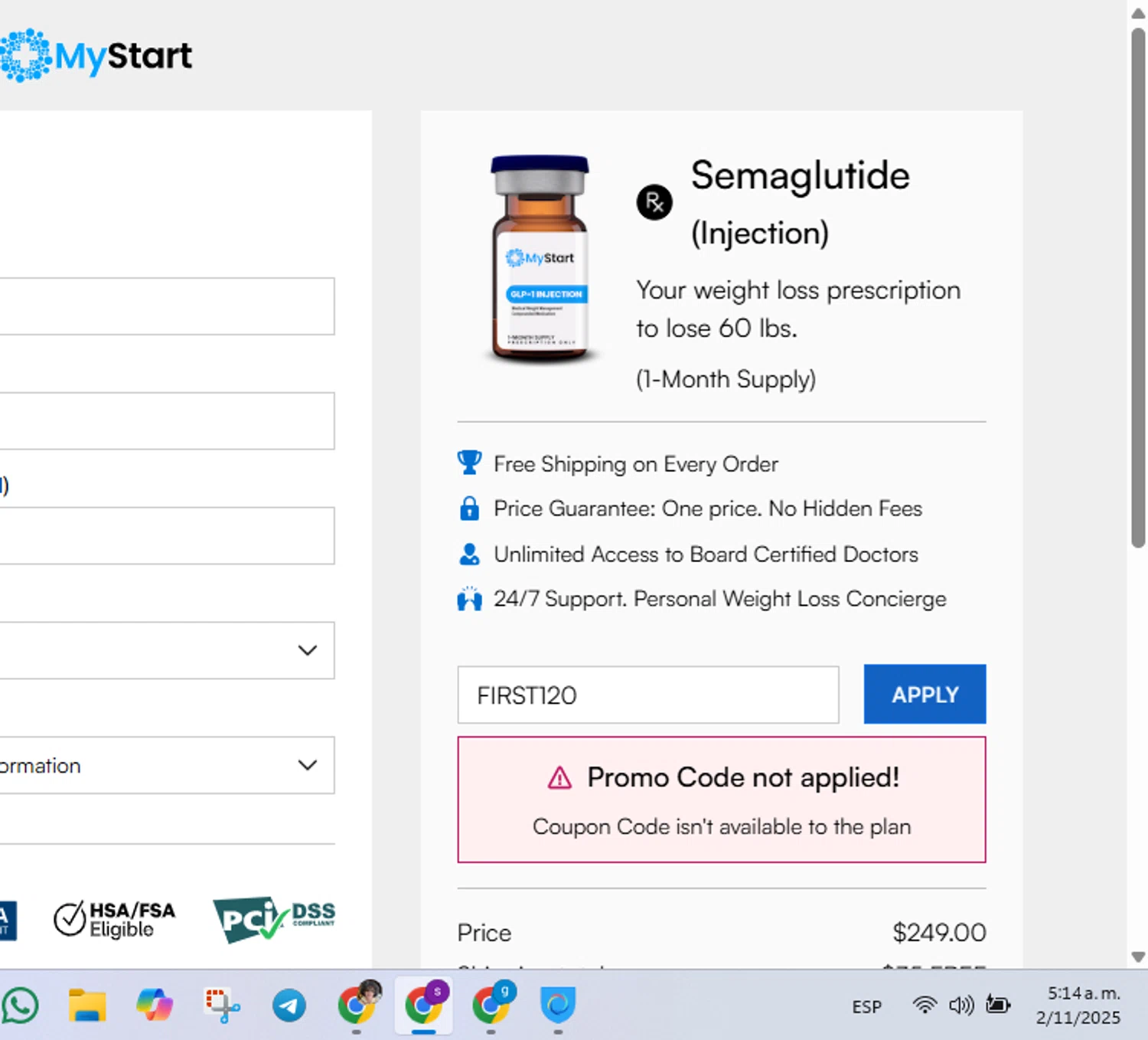 MyStart Weight Loss promo code screenshot showing code FIRST120 applied at MyStart Weight Loss checkout page. Uploaded by SimplyCodes community member Lamadama on Nov 2, 2025